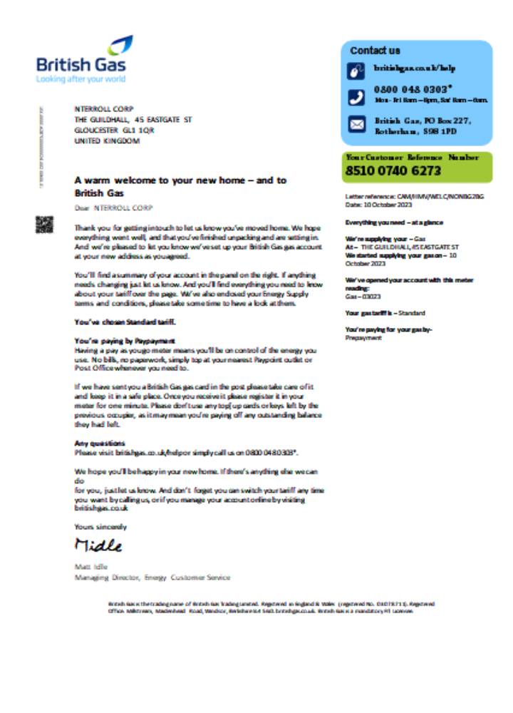 British Gas utility business bill, SCR1 PSD template